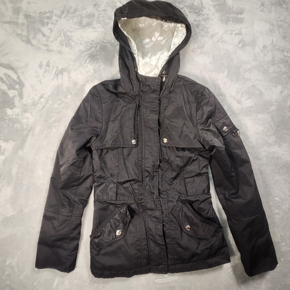Guess Womens XS Black Hooded Quilted Jacket Polyester Zip Button Pocket Coat